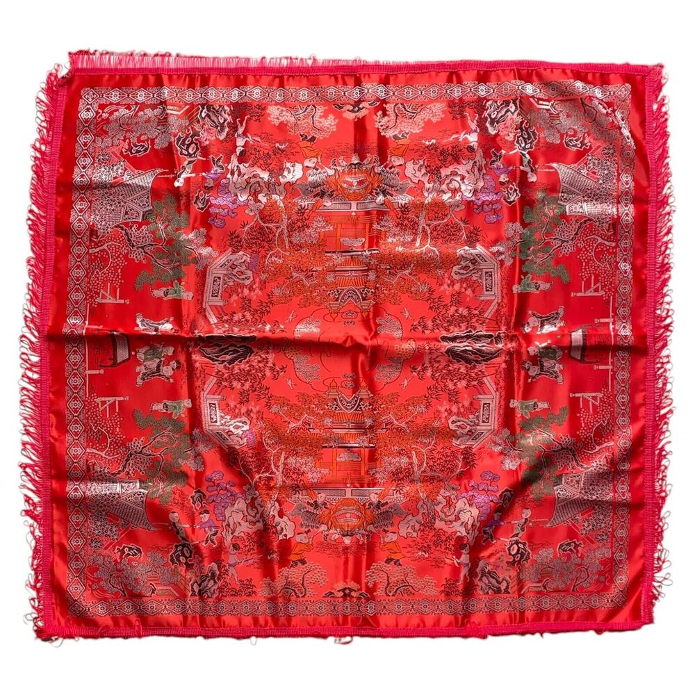 Vintage Chinese Piano Shawl Tablecloth Tapestry Red Silk Brocade 38 x 35 NEW